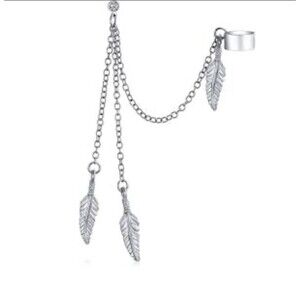 Cuff Chain Earring with Feather Dangles – 316L Steel, 20G, Sold Individually